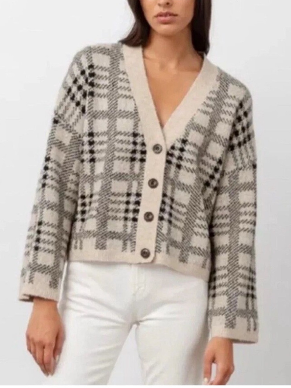 Rails Reese Cardigan Oatmeal & Black Plaid. Size Large.